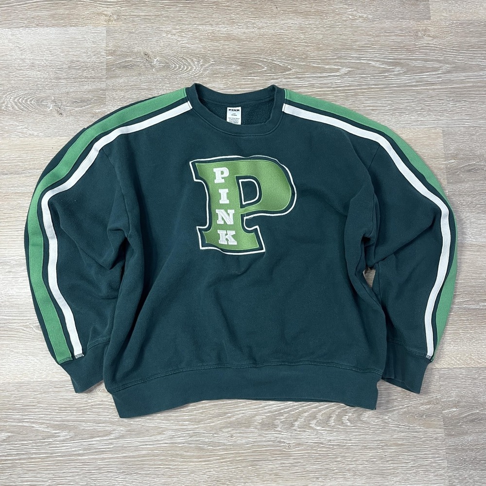 PINK Victoria's Secret Sweatshirt Womens Large Green Varsity P Logo Crewneck